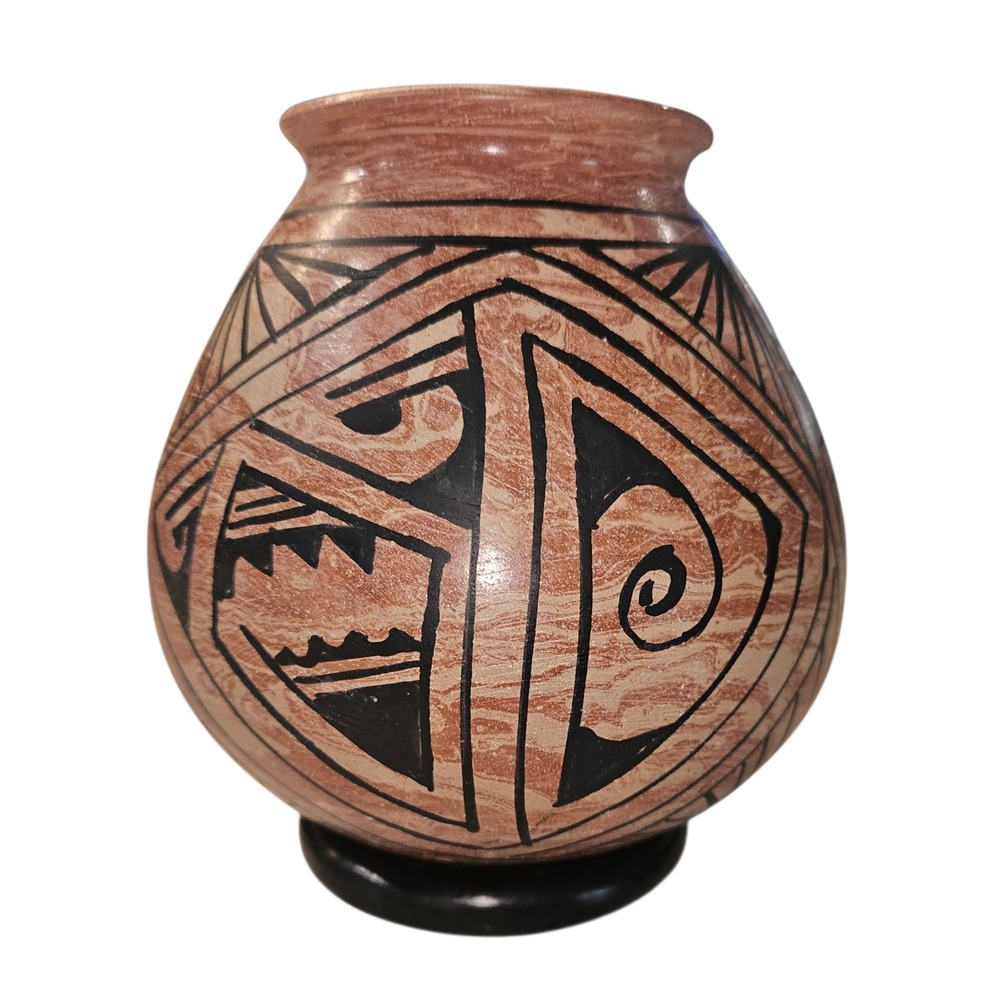 Handmade Marbled Terracotta Pottery Vase Southwest Geometric Design with Stand